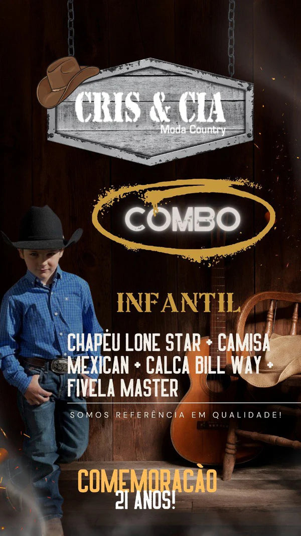 COMBO INFANTIL - Chapéu Lone Star + Camisa Mexican + Calça Bill Way + Fivela Master